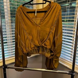 Free People Mustard Yellow Crop Blouse with Puff Sleeves and Ruched Design